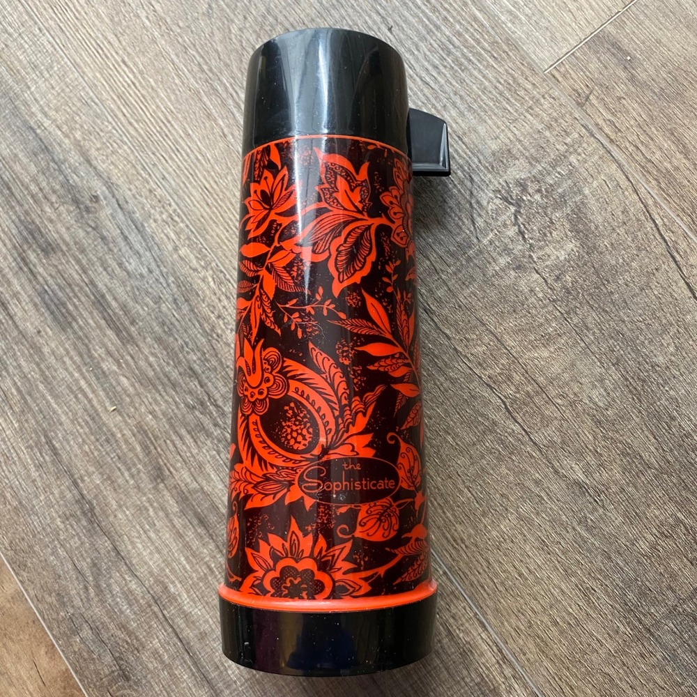 Vintage‎ Aladdin The Sophisticate Thermos Orange Red Black Floral Paisley Pint